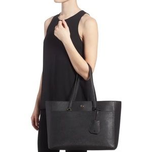 Tory Burch Robinson Large Triple Compartment Navy Blue Saffiano Leather Tote